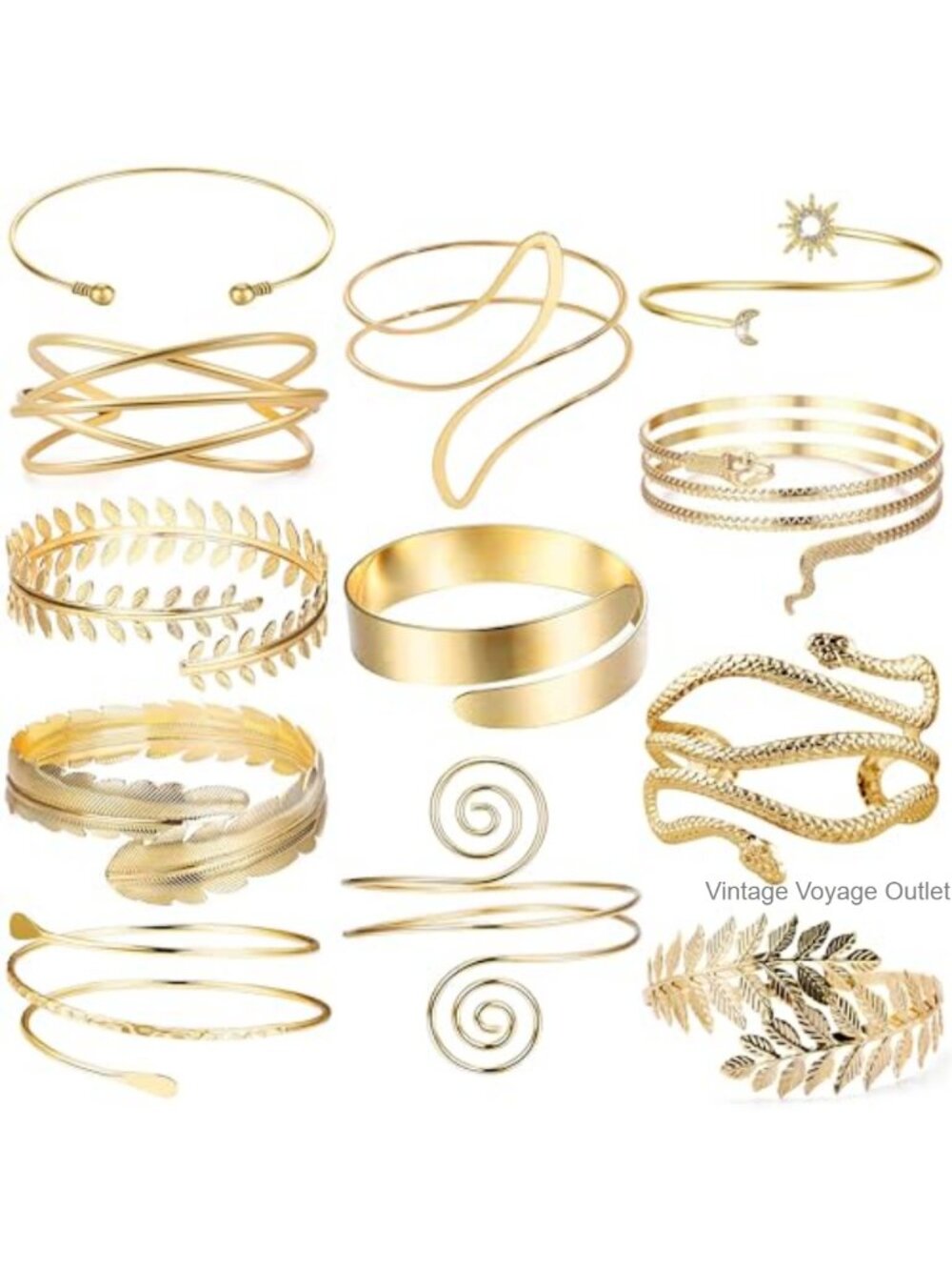 12 Pc Gold Plated Stainless Steel Arm Cuff Bracelet Set Boho Adjustable Upper